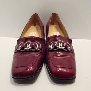 HEYRAUD Paris Patent Burgundy Pumps Size 37 Chain Detail Square Toe Classic